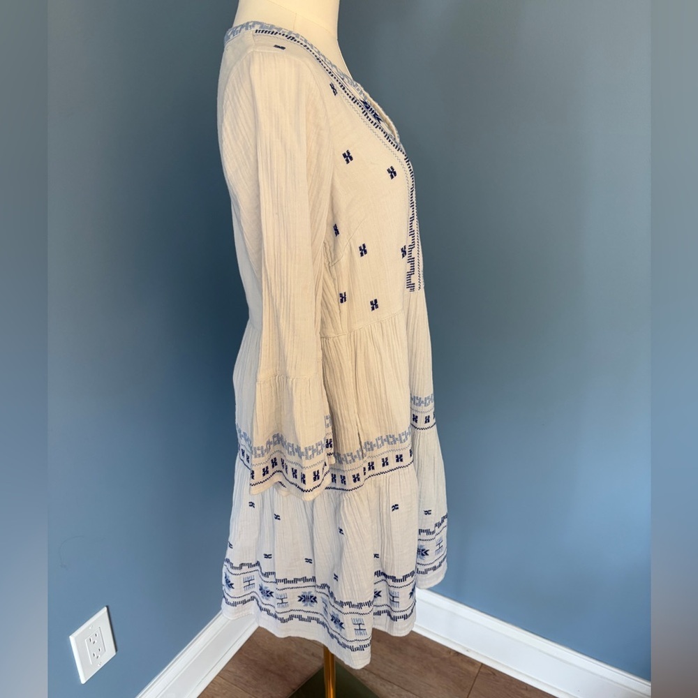 Fat Face Embroidered Boho Tunic Dress Cream Blue Cotton Tiered Mini Size 6 - Picture 4 of 9